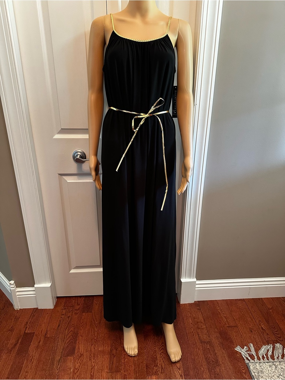 Black Maxi Dress with Gold Trim and Tie Belt